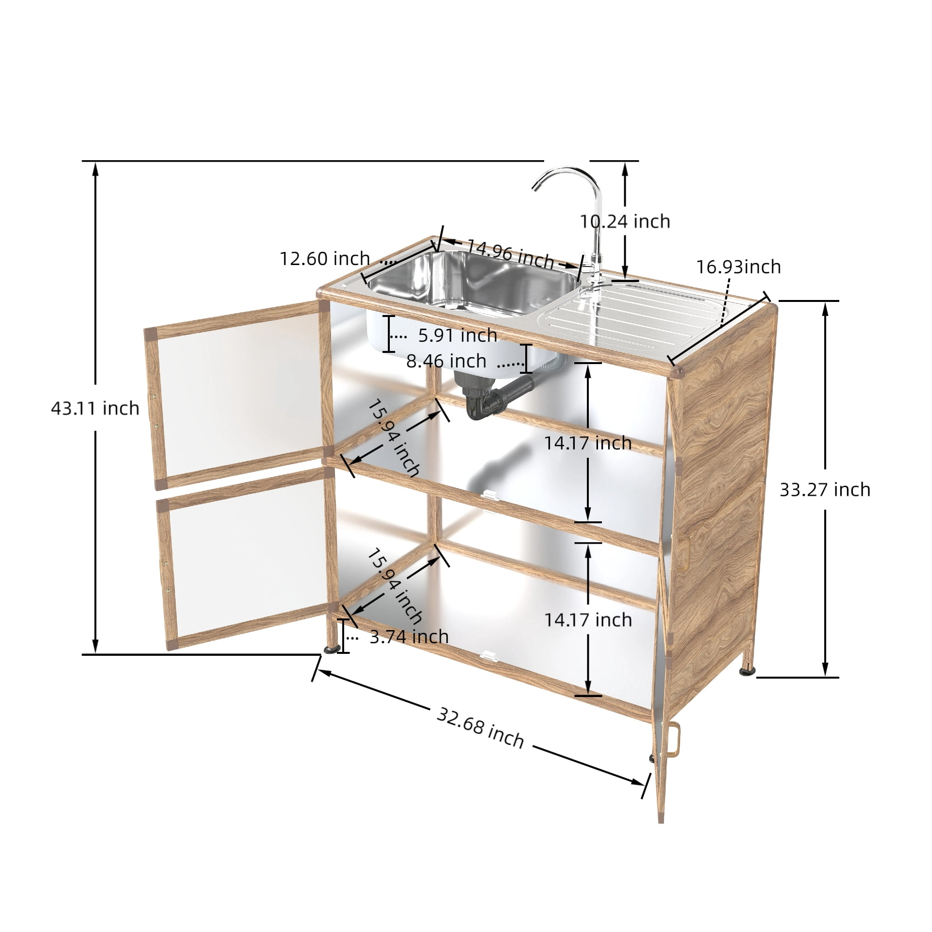 Utility Sink with Cabinet, Freestanding Utility Sink, Laundry Room Sink Cabinet, Outdoor Sink Station, Stainless Steel Utility Sink (32.68" D x 16.93" W x 33.27" H)