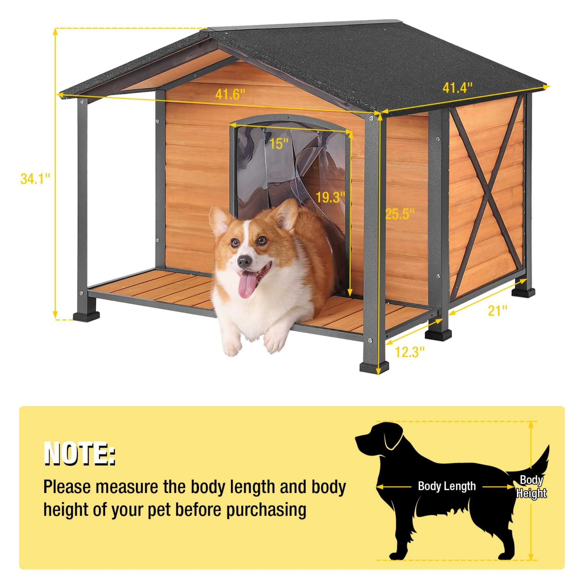 Aivituvin Anti-Chewing Outdoor Dog House with Iron Frame, 41.4"D Weatherproof Wooden Dog Kennels with Large Porch for Outdoor & Indoor, Brown