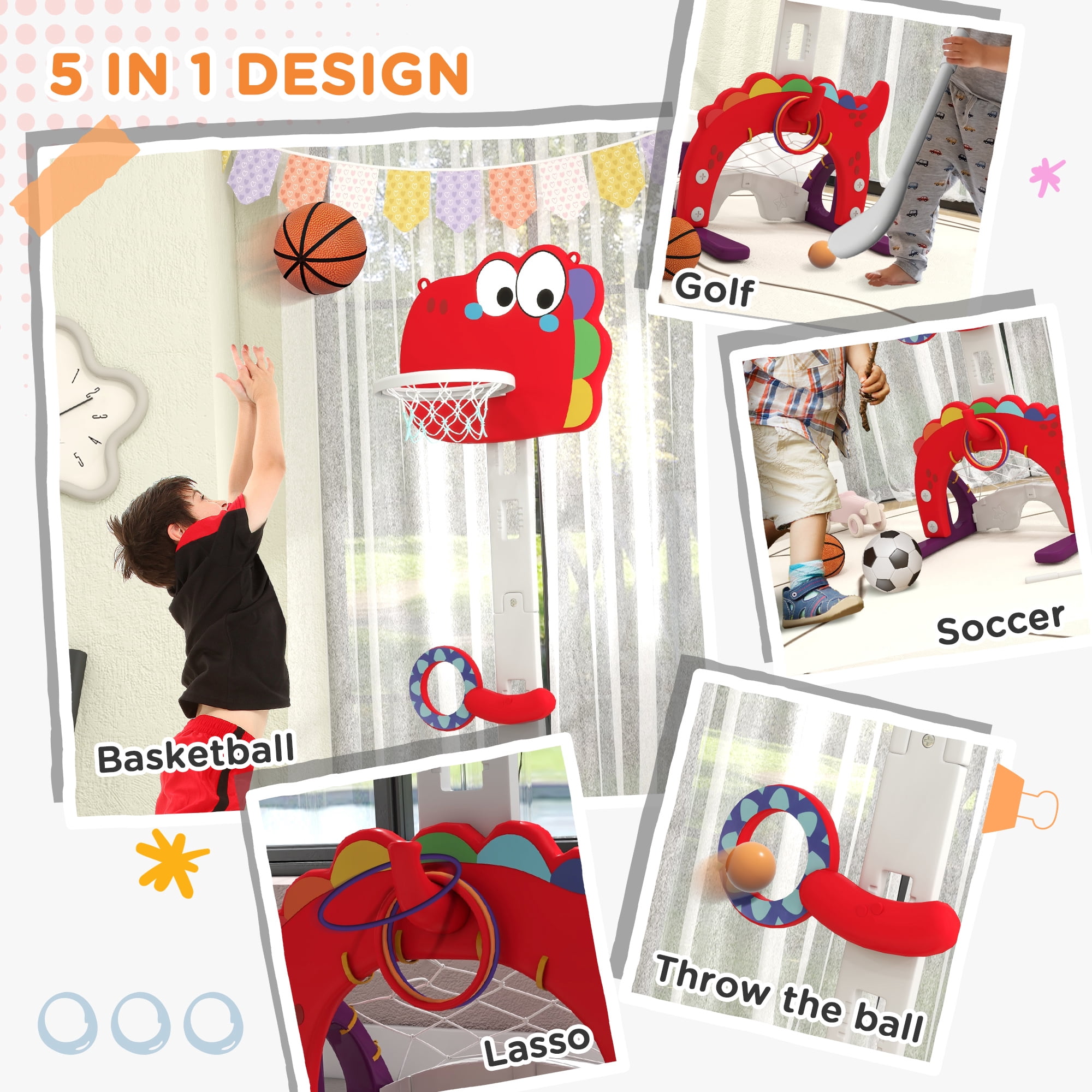 5-in-1 Kids Basketball Hoop, Toddler Sports Activity Center, 5 Level Adjustable Height Basketball Goal with Soccer, Golf, Ring Toss & Throw Ball Game for Boys Girls 3-6 Years Indoor, Red