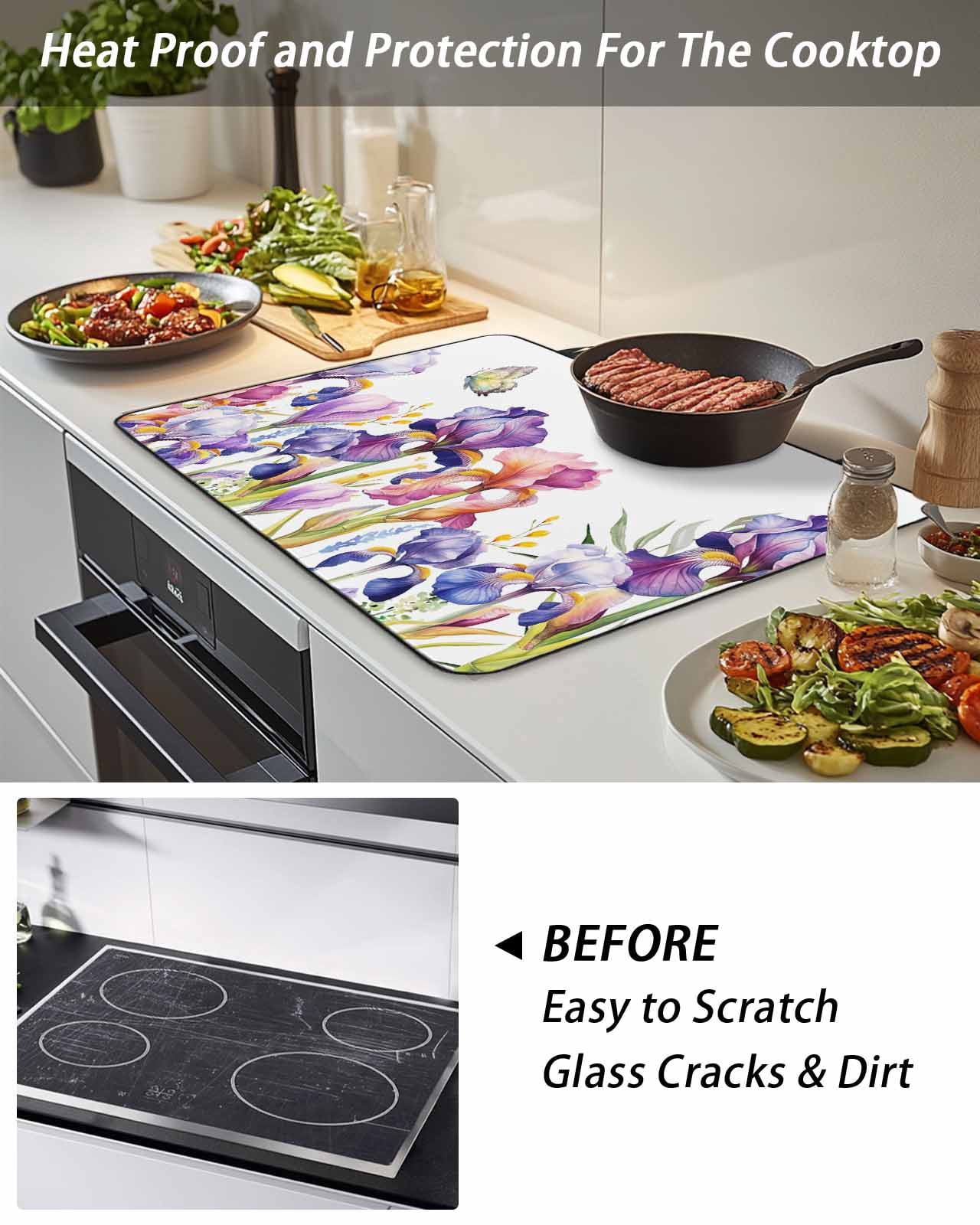 Stove Top Covers for Electric Stove, Watercolor Purple Floral, Glass Stovetop Cover Protector, Flower Leaves Hearb White Induction Cooktop Protector Oven Mat for Kitchen Countertop 24"x21"