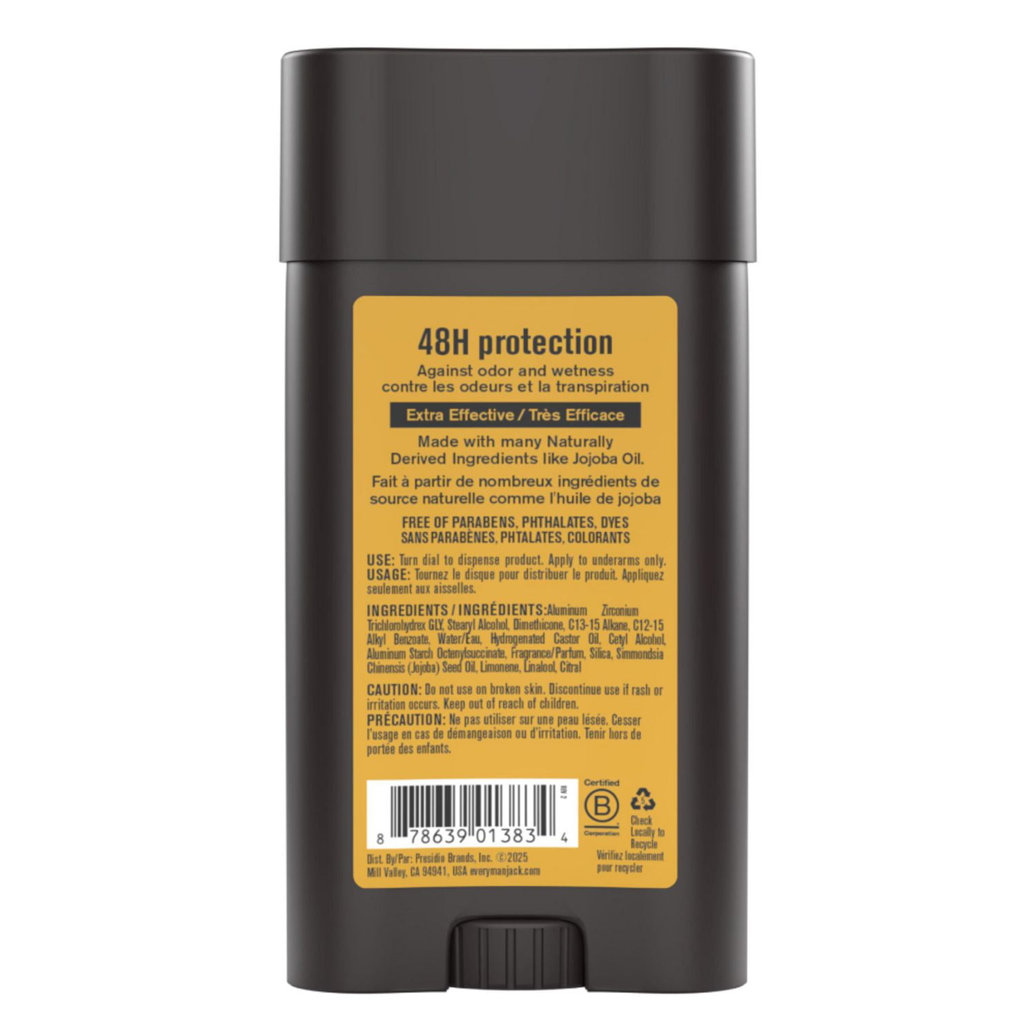 Déodorant Every Man Jack - Déodorant sans aluminium, dérivé naturellement, végétalien, sans cruauté envers les animaux | 85 g Déodorant Every Man Jack