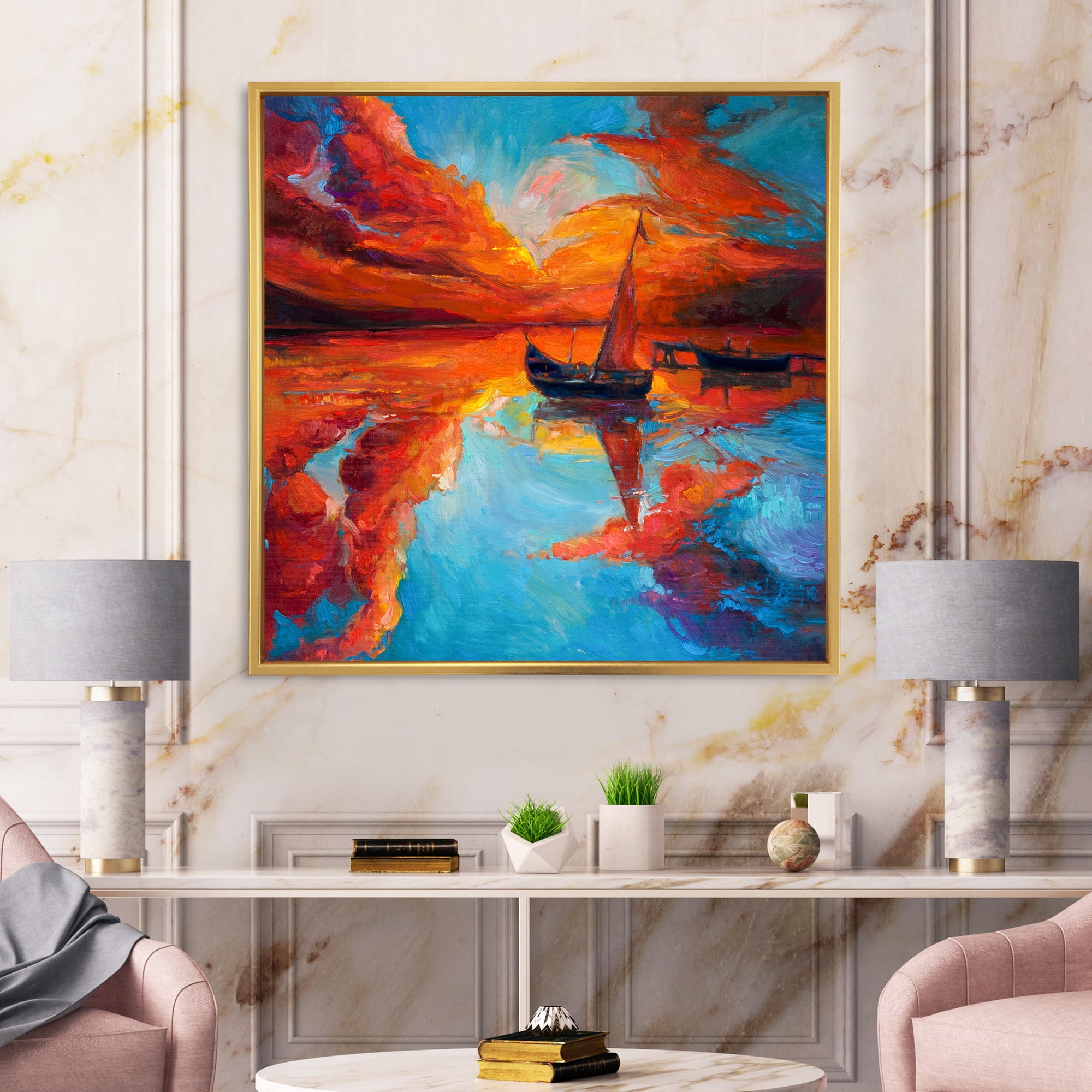 Little Boat During Warm Deep Red Evening Glow 30 in x 30 in Framed Painting Canvas Art Print, by Designart