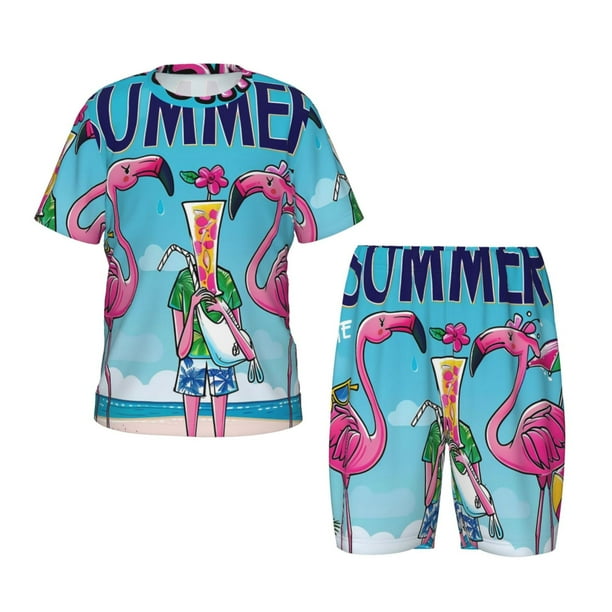 Balery Beach Flamingo Trio Conjunto de Pijama Infantil de Manga Corta con Estampado – Ropa de Dormir de Algodón Suave-Small
