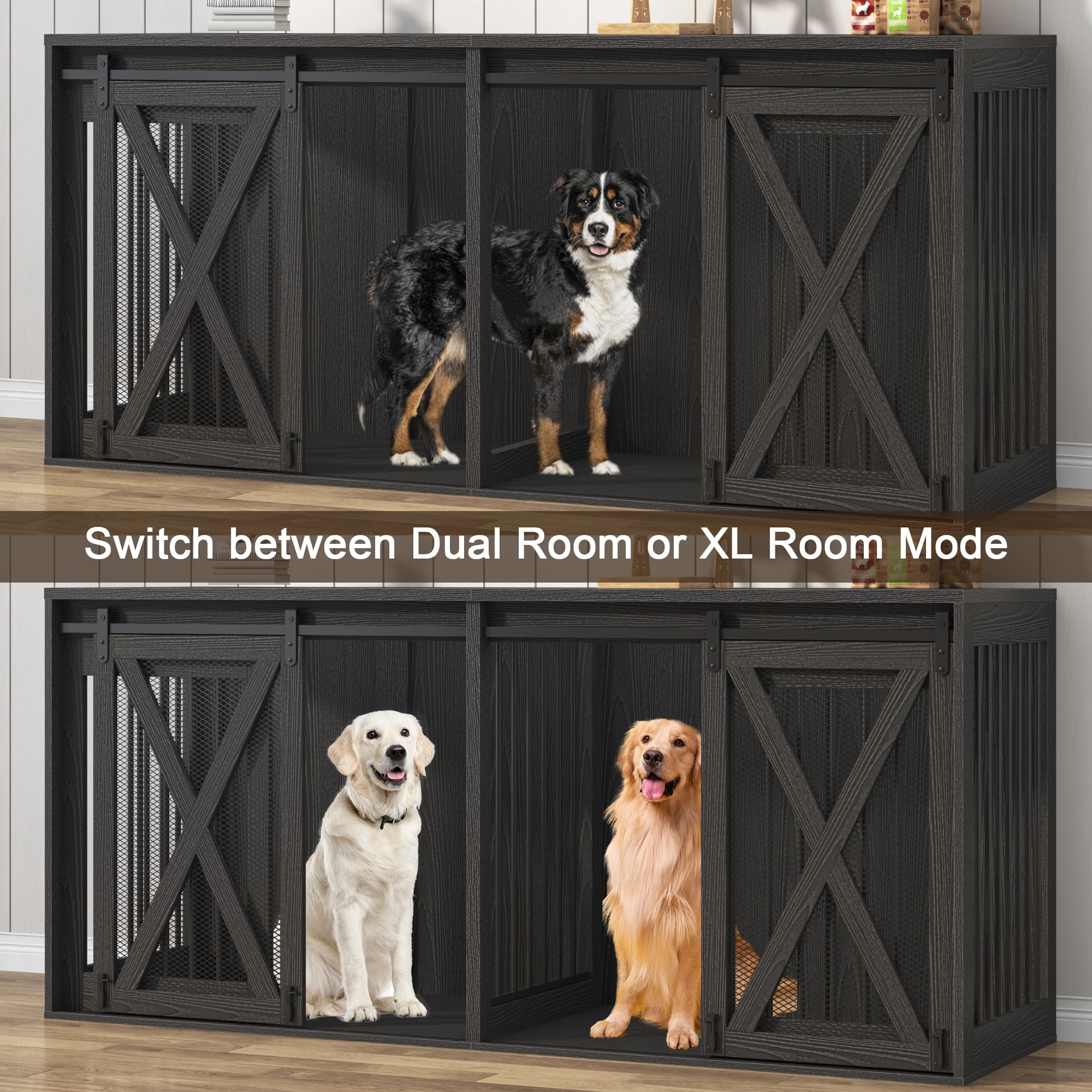 78.7" XXL Dog Crate Furniture for 2 Large Dogs, Farmhouse Dog Kennel TV Stand with Sliding Door and Removable Divider, Black