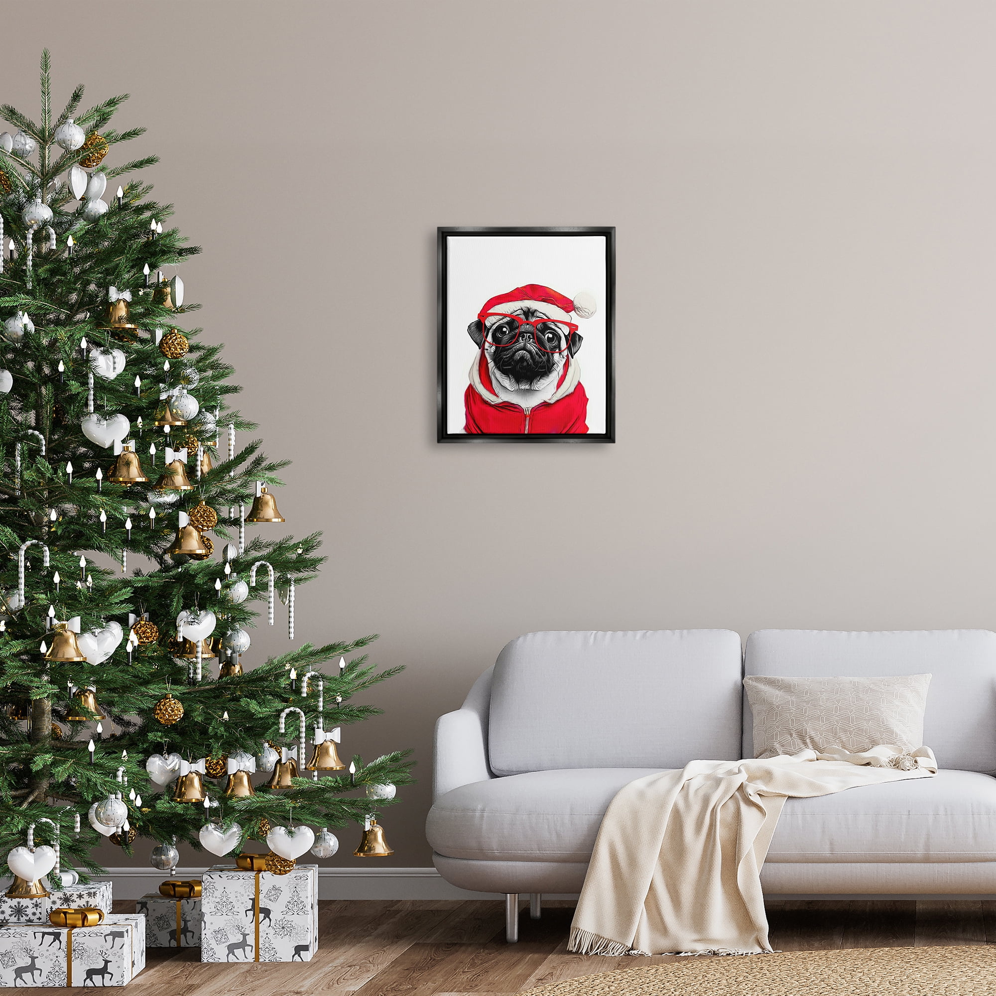 Stupell Industries Pug in Santa Hat Holiday Painting Black Floater Framed Canvas Art Print Wall Art, 17 x 21
