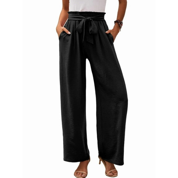 Women'S Wide Leg Lounge Pants with Pockets High Waisted Adjustable Tie Knot Loose Trousers Black M