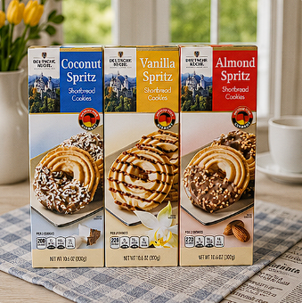 Deutsche Kuche Spritz Shortbread Cookies Coconut Spritz, Vanilla Spritz and Almond Spritz 10.6oz 300g (3 Boxes)