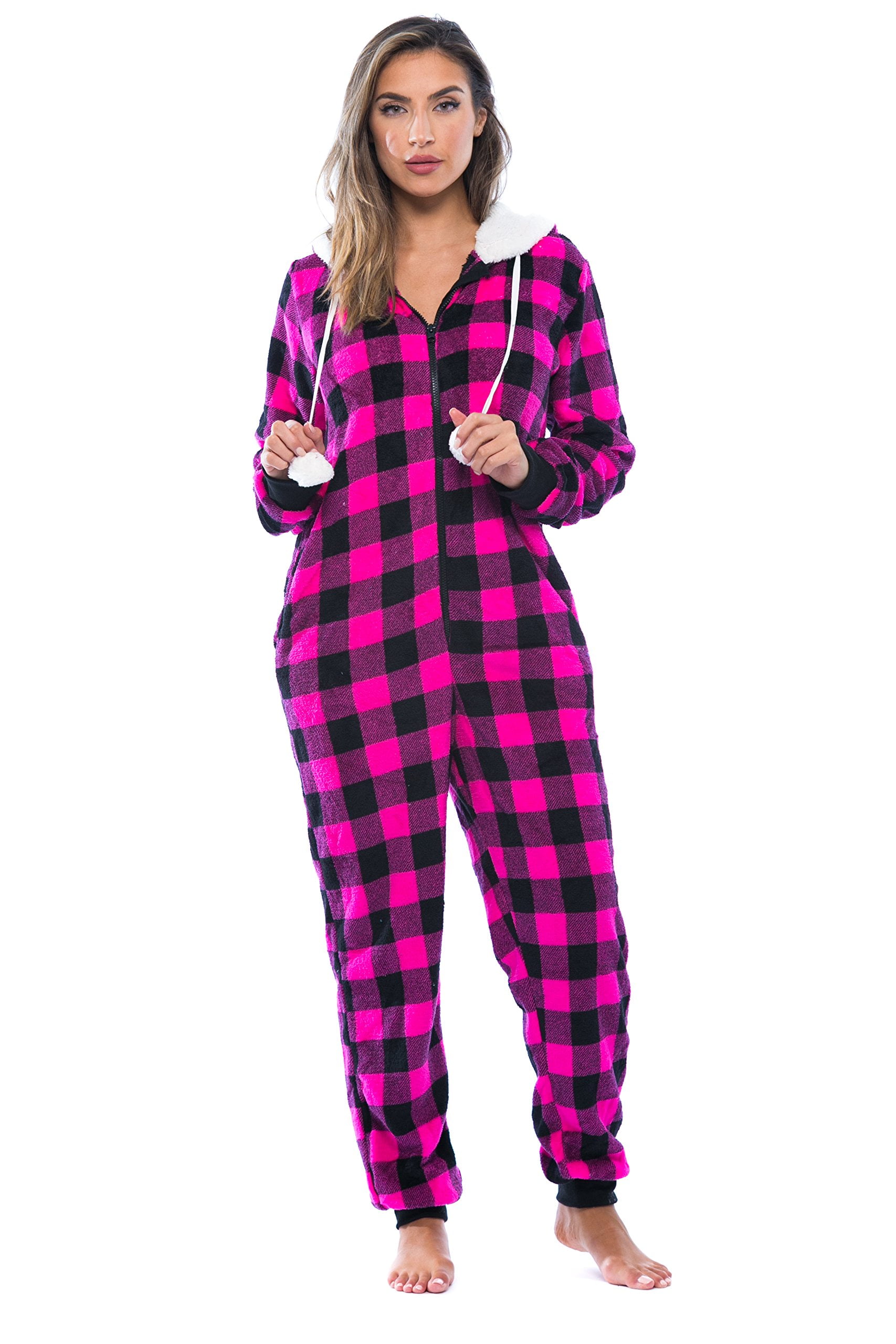 Just Love Buffalo Plaid Adult Onesie Sherpa Lined Hoody One Piece Pajamas (Fuchsia Buffalo Plaid, Small)