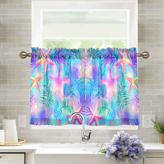 Yayeee Kitchen Curtains Tier Pair Light Filtering 27"x24" Rod Pocket Short Cafe Window Panel, Neon Starfish Pattern
