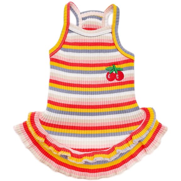 Dog Dress Puppy Colorful Striped Dog Skirts Cherry Printed Dog Clothes Pet Princess Dresses Rainbow Color Pet Tutu Skirt Puppy Sundress Vest Apparel for Small Medium Puppy