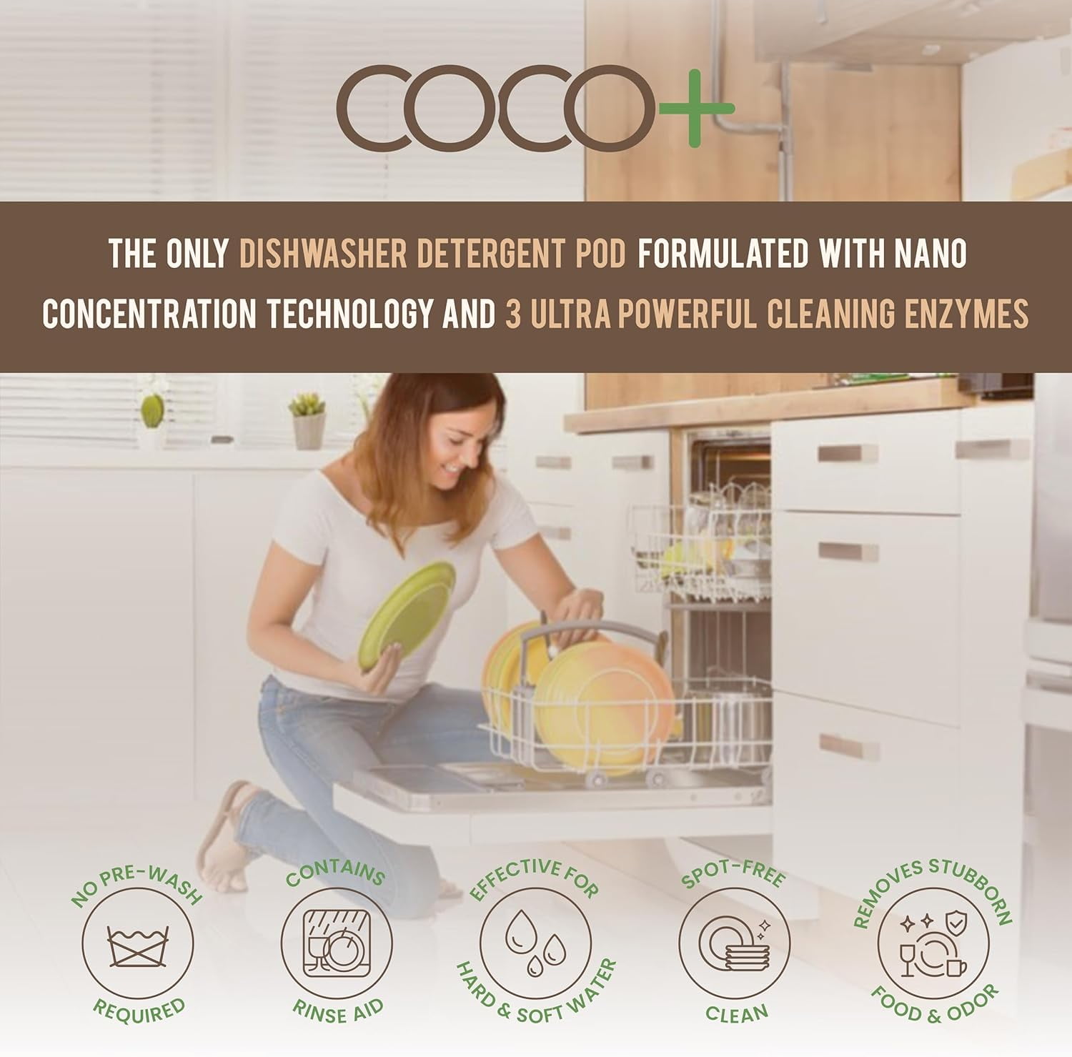 Dishwasher Detergent Pods - Nano-Concentrated Enzymes Power with Rinse Aid & Hard Water Protection - Sparkling, Spotless Dishes - 50 Pods (Fragrance Free)