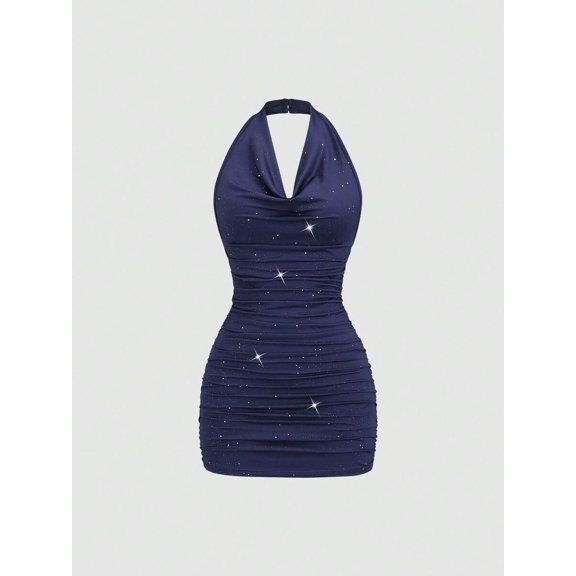 Navy Blue Womens Halter Neck Ruched Bodycon Mini Dress With Sparkling Glitter Detail