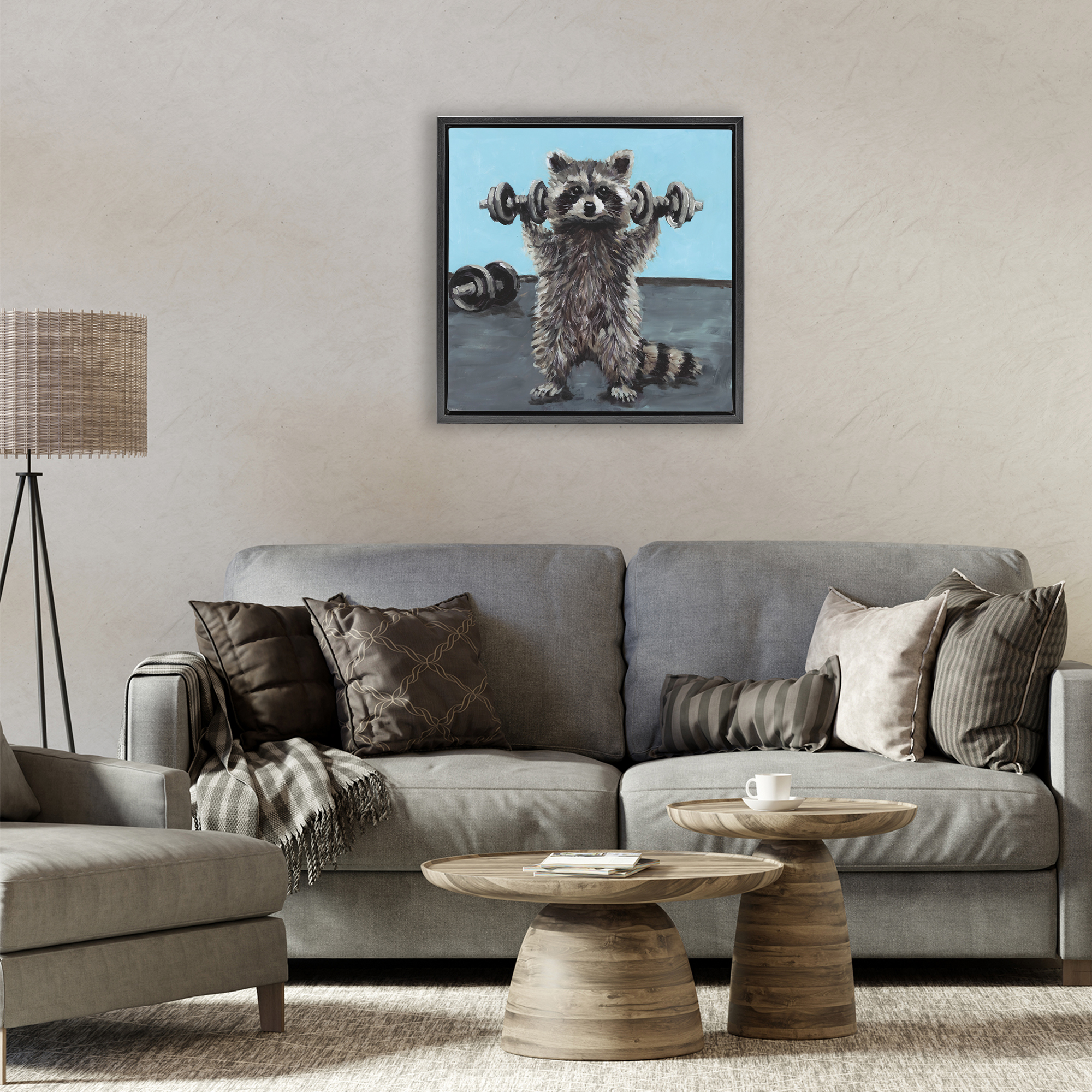 Fitness Raccoon with Weights Black Framed Floater Canvas Wall Art, design by Studio Bautista
