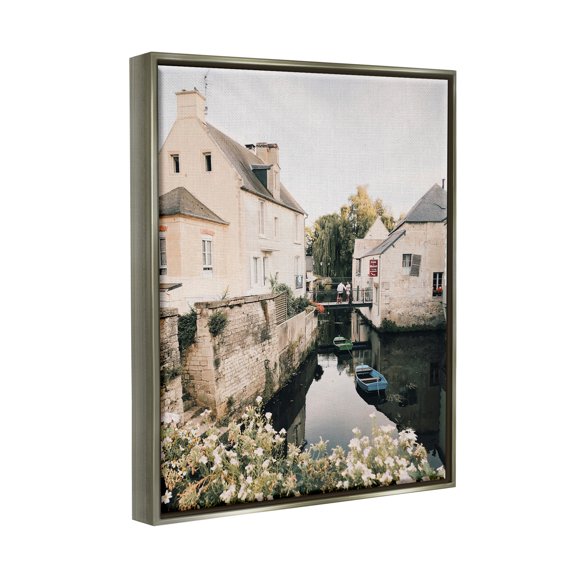Stupell Industries Village Canal River Boats Garden Coastal Photography Gray Floater Framed Art Print Wall Art