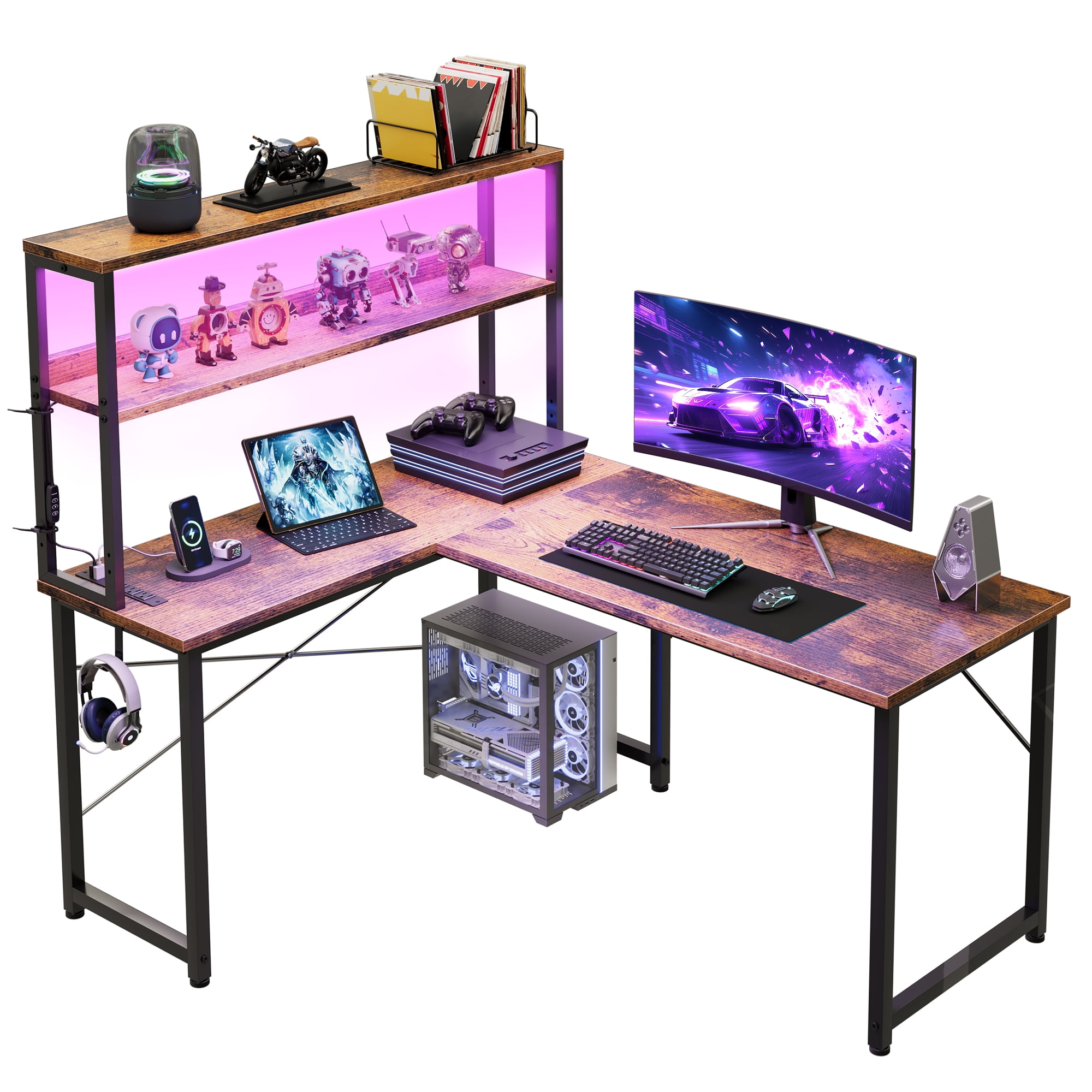 Casacomoda 43 Inch L Shaped Desk with LED Light & Power Outlet, Reversible L Shaped Computer Table with Shelf & Hook for Home Office, Vintage