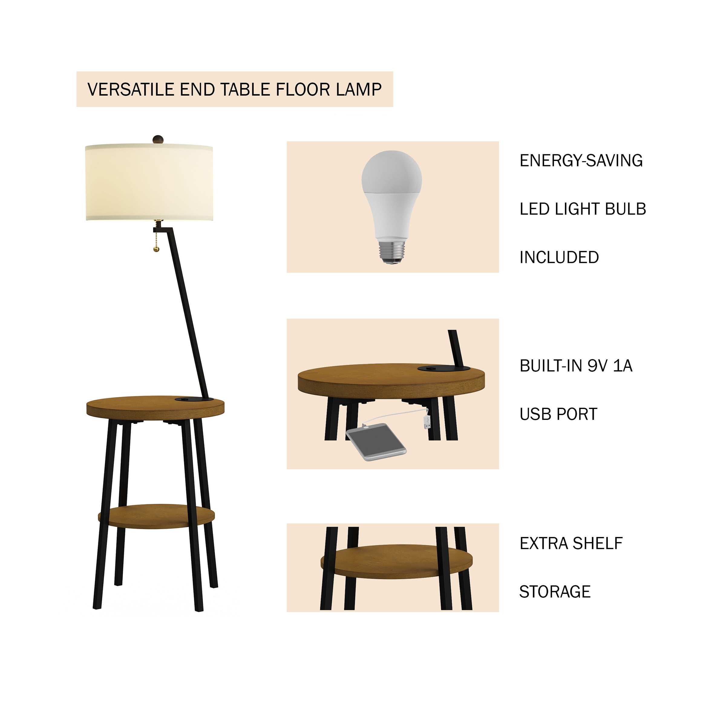 Lavish Home 58-inch Floor Lamp with Table - Mid-Century Nightstand with USB Charging Port and Drum Shade