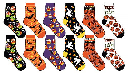 12 Pair Happy Halloween Socks, 6 Different Designs, Halloween Gift (Crew  Socks, Kids Size 9-11)