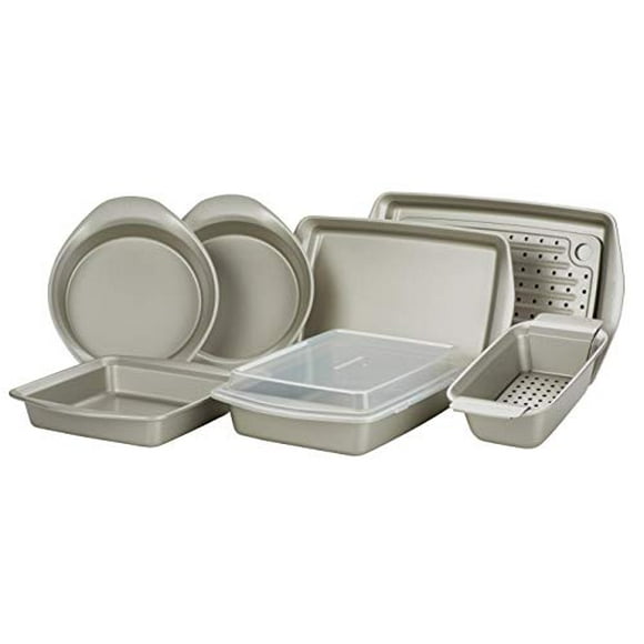 Rachael Ray 47682 Ensemble de Moules Antiadhésifs Sans Poignées Comprend Moule à Pain Antiadhésif, Moules à Pâtisserie, Moules à Gâteau, Plaque à Biscuits/plaque de Cuisson - 10 Pcs, Argent