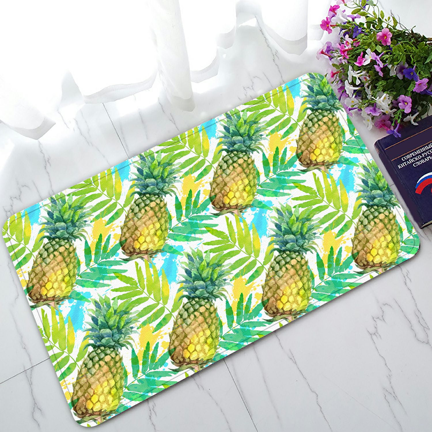 PHFZK Tropical Beach Doormat, Watercolor Painted Green Pineapples and