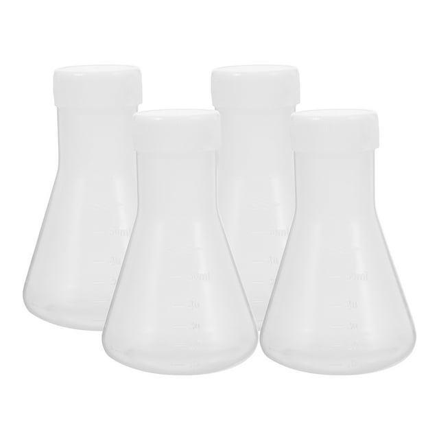 Matraz Erlenmeyer de plástico con tapa, frasco cónico de boca ancha de 50ml, contenedor de almacenamiento, matraz de química para experimento de química, 4 Uds.