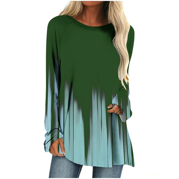 Yuyuzo Womens Long Sleeve Crewneck T Shirts Dressy Casual Loose Tops and Blouses Trendy Printed 2023 Flowy Tunics Green
