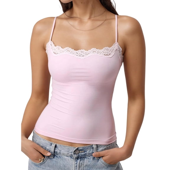 JULMCOMO Tank Tops for Women Lace Trim Adjustable Spaghetti Strap Sweetheart Casual Camisole Tops Slim Fit Summer Outfits Pink M