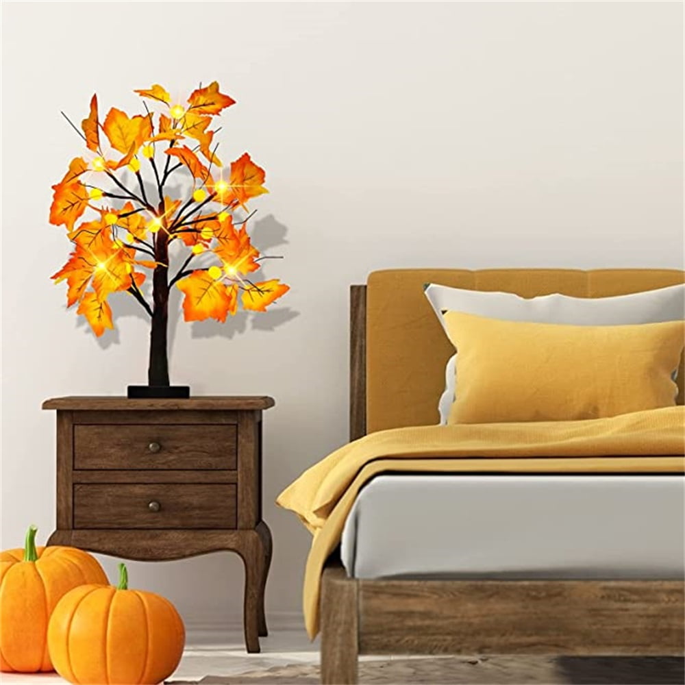 Kepooman 24 inch Prelit Maple Tree with Timer 24 Pumpkin Lights, Maple Leave Tree for Fall Decor Autumn Decoration Holiday Decorations, Pumpkin Decor for Indoor Home Table Decorations, Warm White