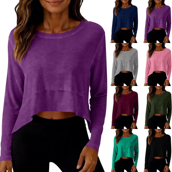 Khunlpohl Women's Cropped Tops Casual Loose Long Sleeve Workout Crew Neck Pullover Solid Color Top Tee Shirt