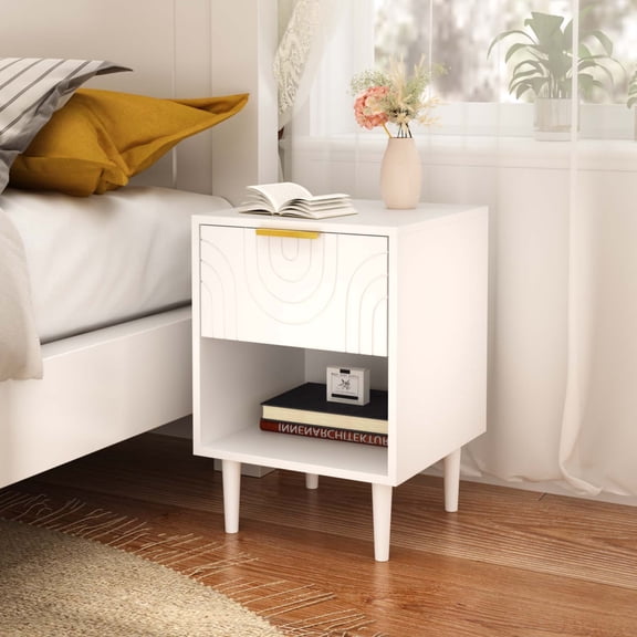 Kids Space-Saving Nightstand White, Gold Handle Drawer & Solid Wood Leg, Bedside Table for Boys Girls Small Bedroom Spaces