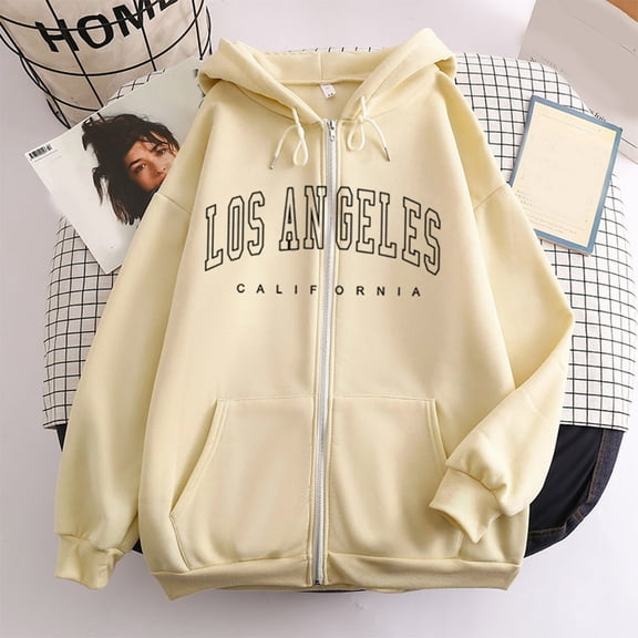 Womens Los Angeles Zip Up Hoodie Long Sleeve Drawstring Hooded Sweatshirt with Front Pocket Casual Pullover Tops