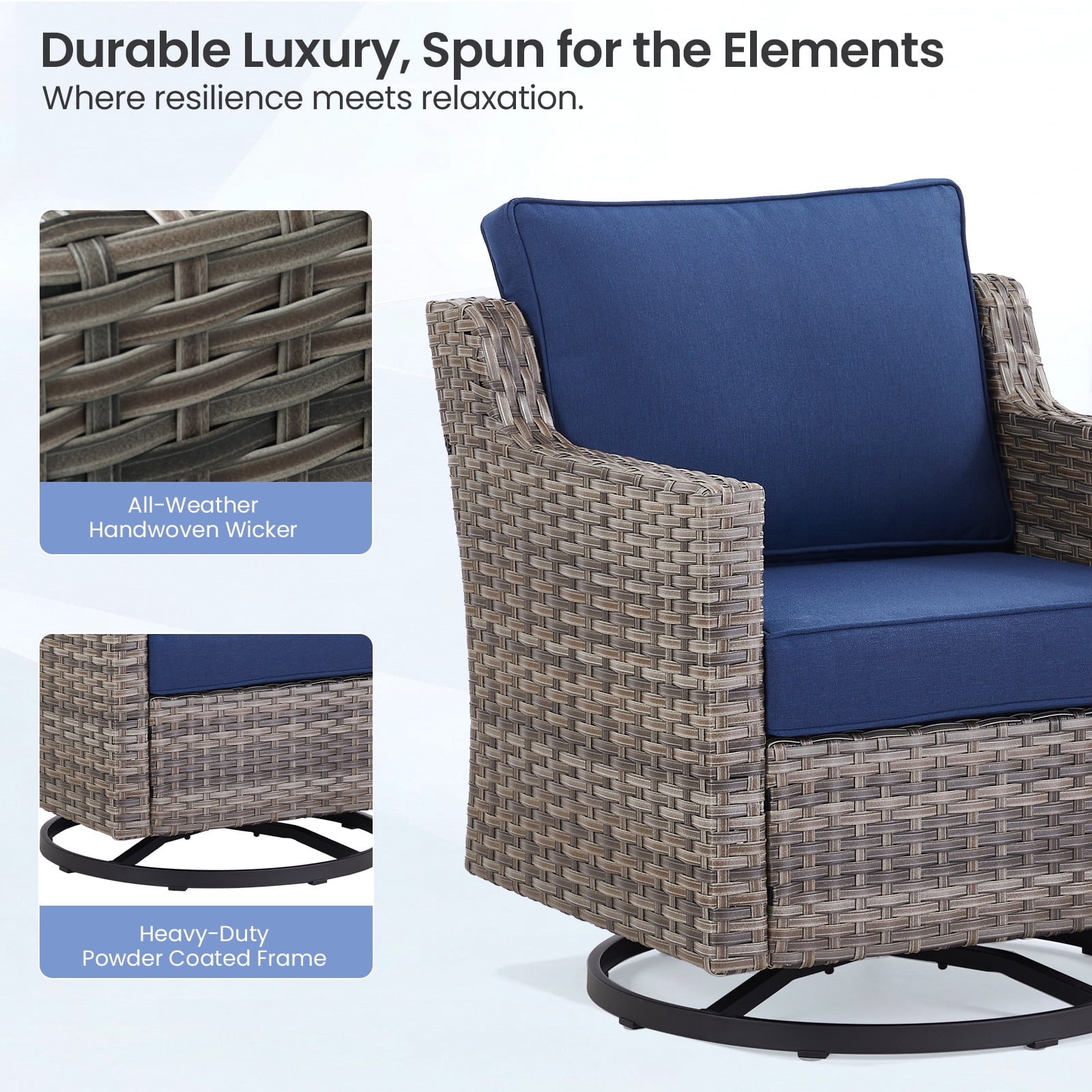 Gymojoy Outdoor Wicker Swivel Rocker Patio Rocking Chairs Set of 2 with Blue Cushions