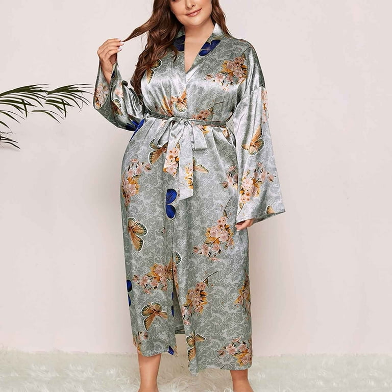 yievot Women Plus Size Print Robes Casual Silk Bathrobe