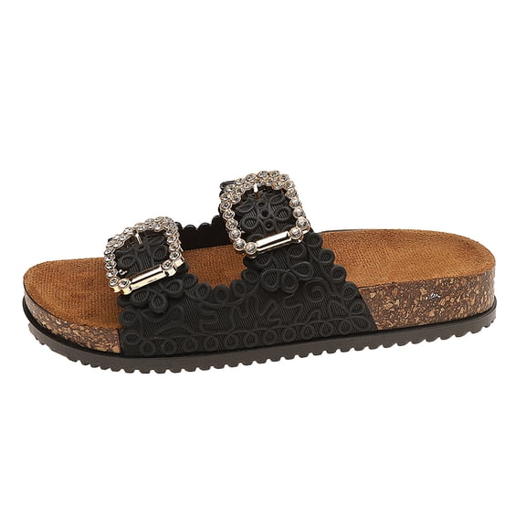 Slides for Women Cork Footbed Sandals Elegant Pattern Rhinestone Buckle Double Strap Open Toe Slip on Dress Shoes Black Size 8