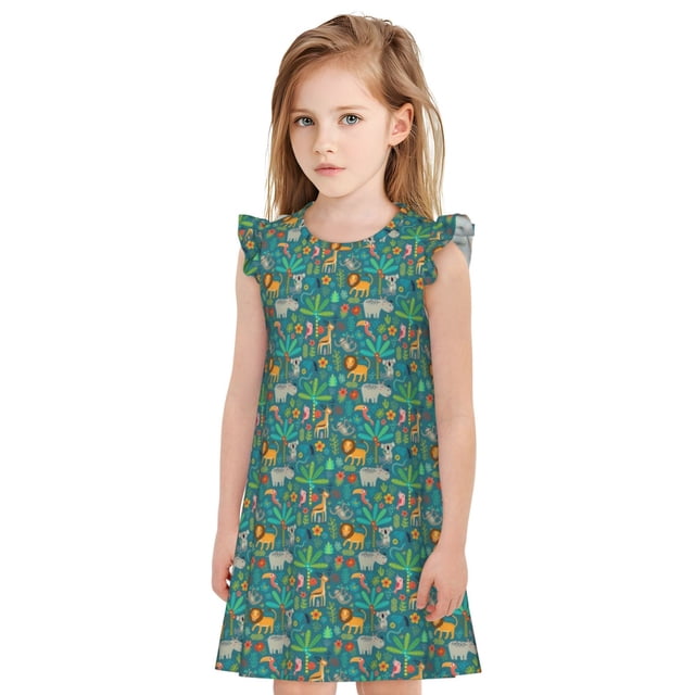 Balery Jungle Animals Camisón de princesa para niñas, pijama de algodón con mangas abullonadas, suave y bonito.-Large