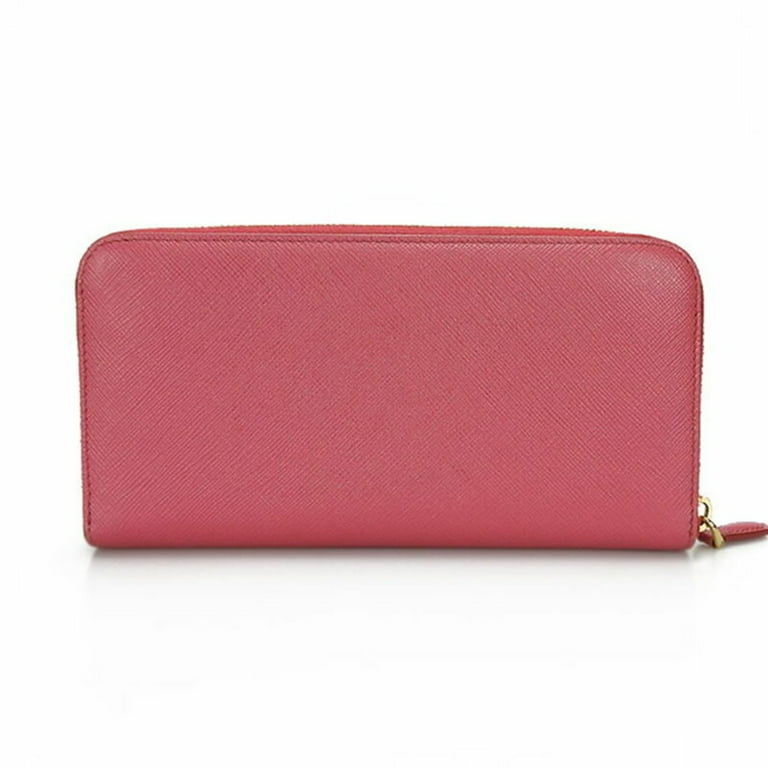 Pre Owned PRADA 1ML506 Saffiano round zipper long wallet ribbon 12 cards pink with box leather gold hardware zip around peonia Good Walmart