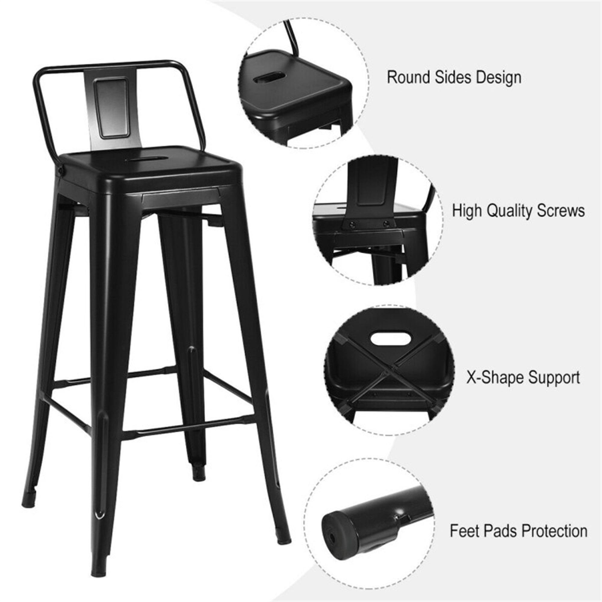 Demi Bonn 30" Set of 4 Metal Counter Height Barstools with Low Back and Rubber Feet, Modern Dining Chair, Black