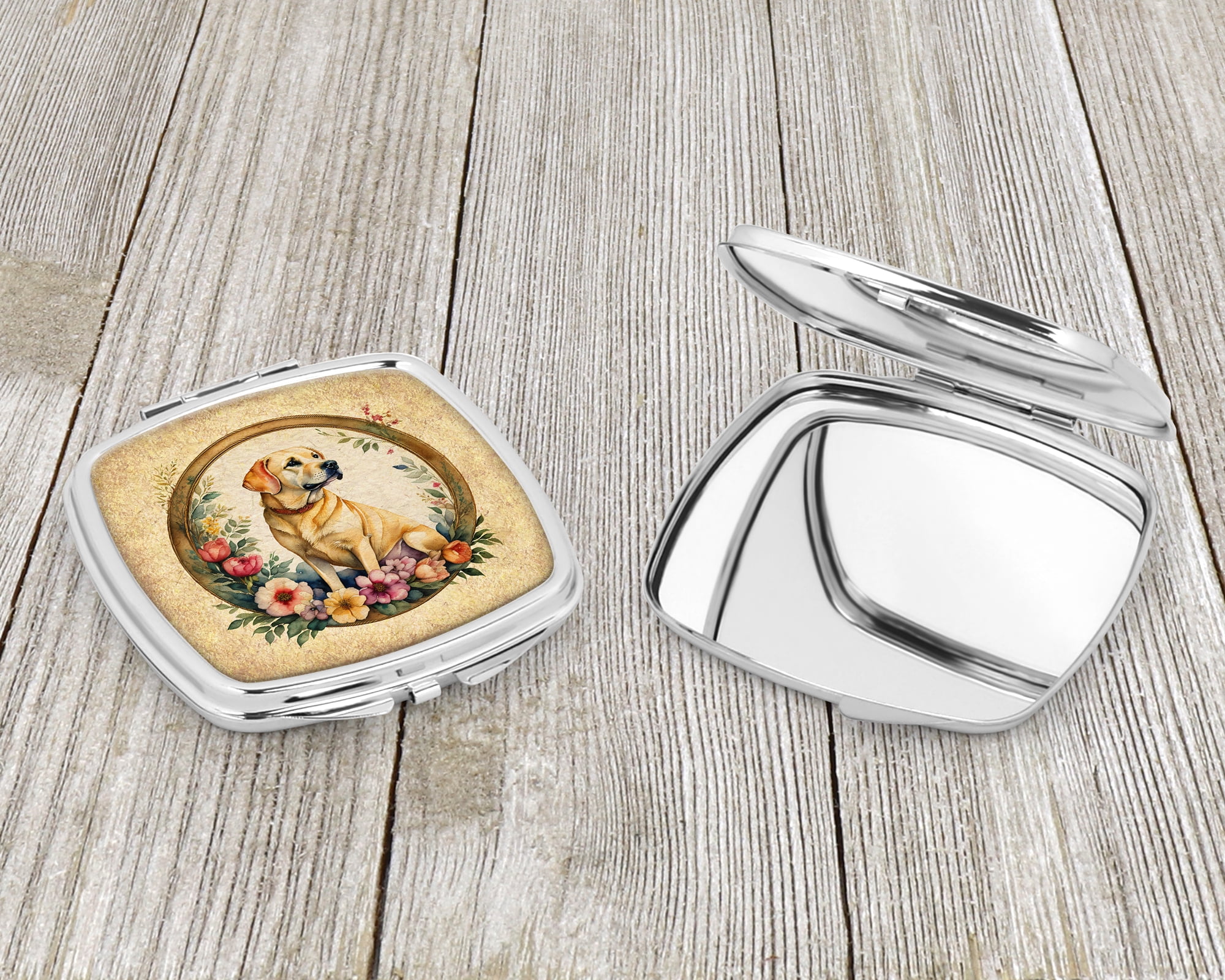 Yellow Labrador Retriever and Flowers Compact Mirror 2.75 in x 3 in
