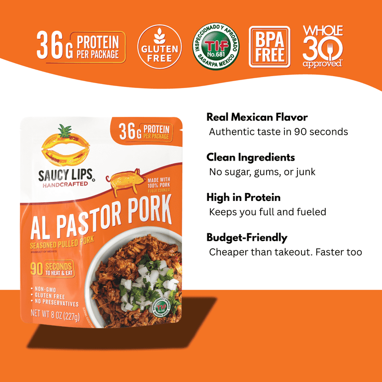 Saucy Lips Ready-To-Eat Al Pastor Seasoned Pulled Pork, 36g