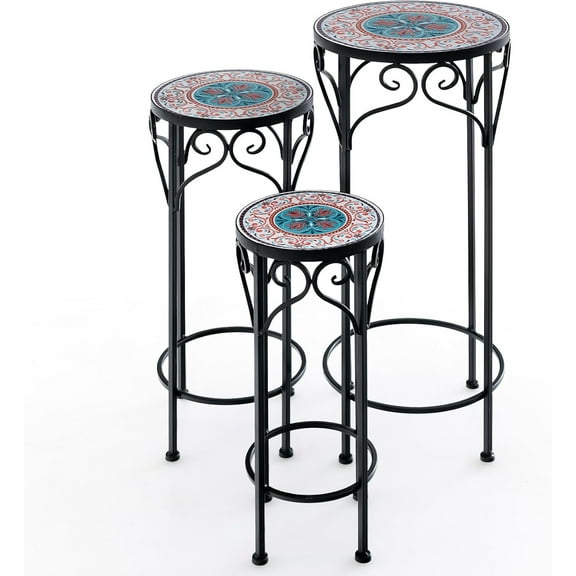 QISHENSHUI Metal Plant Stand Set of 3, Indoor Outdoor Mosaic Plant Rack, Decorative Flower Display Holder with Ceramic Top, Stackable Design, for Living Room, Patio, Wedding Party