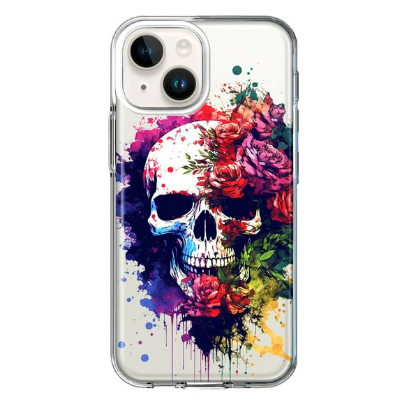MUNDAZE Case for Apple iPhone 15 Plus Hybrid Shockproof Slim Hard Soft TPU Shell Heavy Duty Protective Phone Cover - Fantasy Skull Red Purple Roses