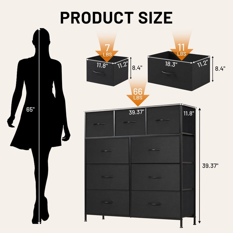 Sybels Storage Dresser with 9 Drawers, Anti-Tip Fabric Chests Organizer Tower Furniturefor Bedroom, Closet, Hallway, Entryway, Black