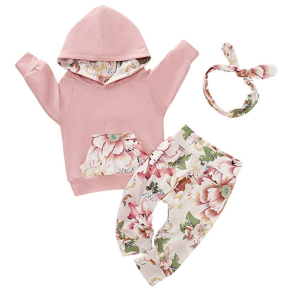 LNMQLPDBS Baby Girls Floral Hoodie Set Infant Patch Pocket Pullover with Matching Pants and Headband Toddler Cute 3 Piece Outfit for Holiday Daily Wear