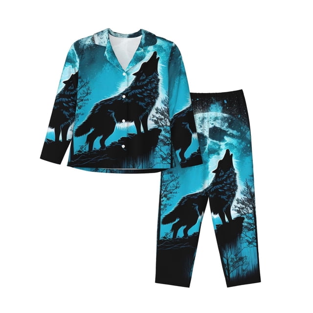 Bingfone Ensemble de Pyjama pour Femmes Imprimé Loup Pleine Lune Bleu, Ensemble de Pyjama à Manches Longues - Petit