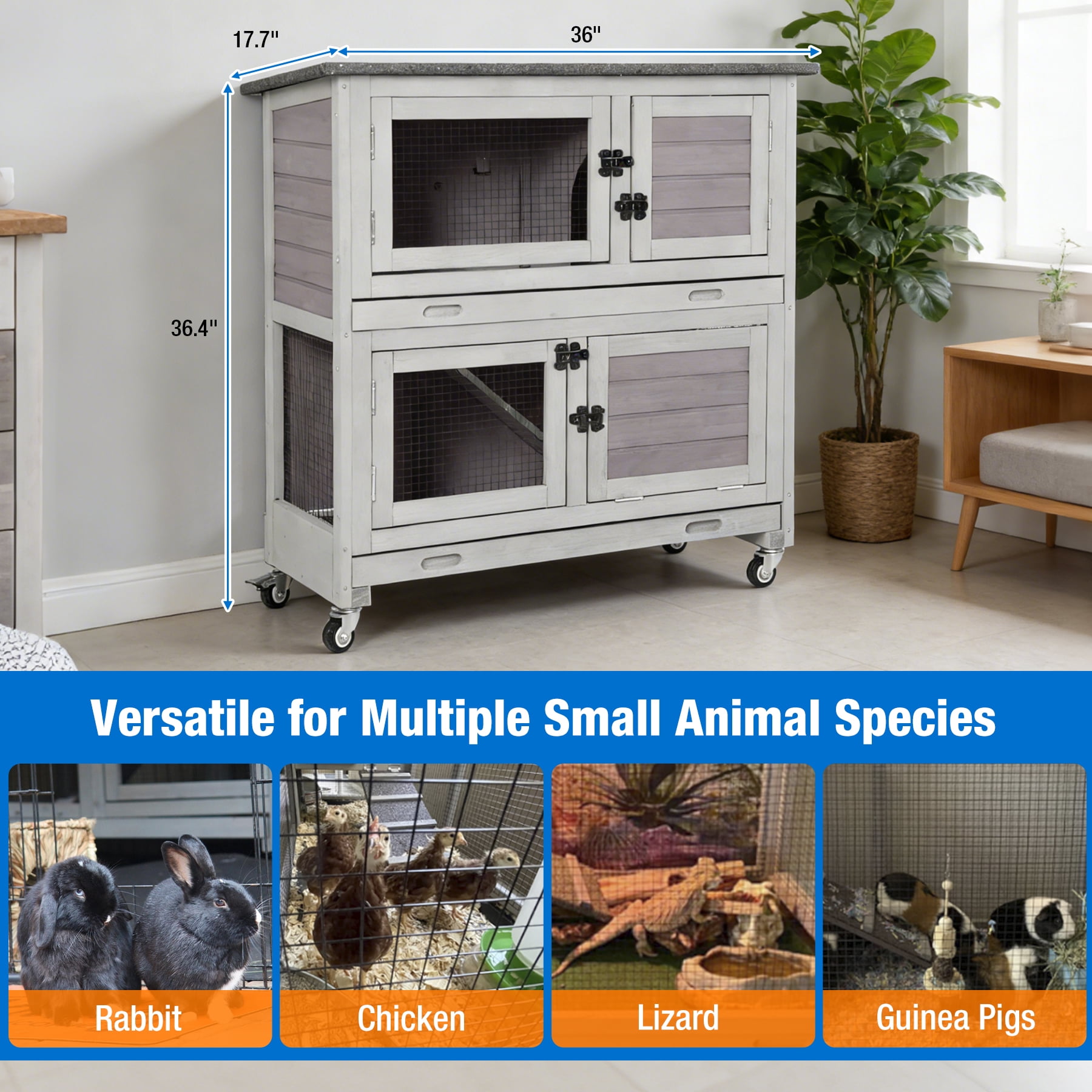 Suumerpety Wooden Rabbit Hutch on Wheels Indoor Outdoor Rabbit Cage 2 Story Bunny Hutch with Leakproof Tray Anti Chew Ramp 36"L Guinea Pig Cage Gray