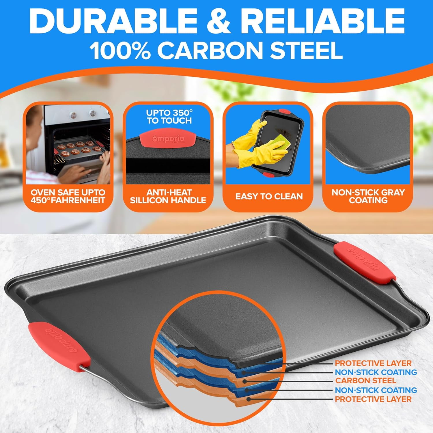 Baking Pan Set - Nonstick Coating, Carbon Steel Bakeware Set with Red Silicone Handles, Recipe Booklet Included, Oven Safe Tray (Up to 450° F), Set of 25 - Black