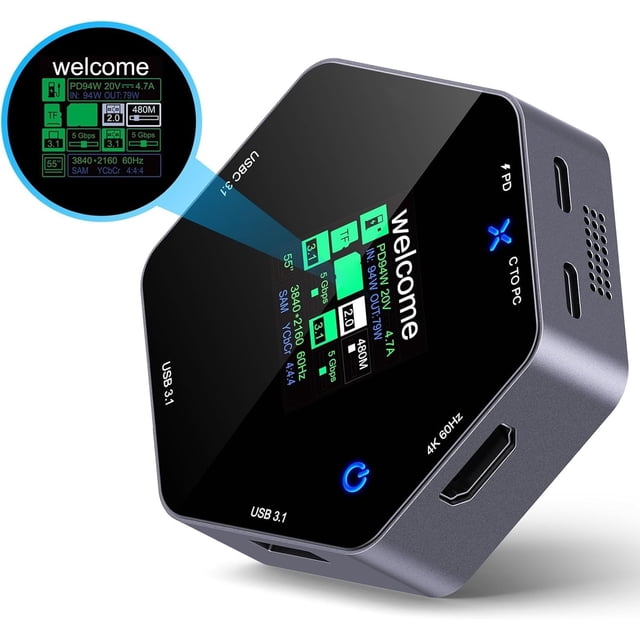 Estación de Acoplamiento 8 en 1 USB C Hub con Pantalla Digital Inteligente, HDMI 4K@60Hz, Puertos USB 3.1 10Gbps, Lector de Tarjetas SD/TF, Adaptador Multipuerto Tipo C para MacBook Pro, iPad y Lapto
