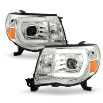 AKKON - Fits 2005-2011 Toyota Tacoma Pickup TRD [LED C-Light Bar] Projector Chrome Headlights Pair Driver Left Passenger Right