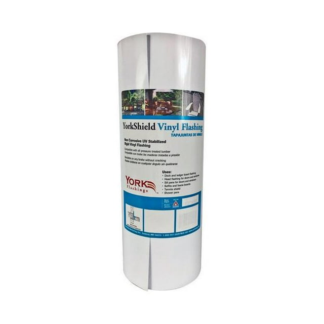 York 5994033 Rouleau de Vinyle Blanc de 18 Po x 600 Po Clignotant, un Rouleau Polyvalent de Vinyle Blanc Mesurant 18 Po de Largeur et 600 Po de Longueur. Conçu pour l'Amélioration de la Maison et les Projets de construction, Il Est Stabilisé par UV et Résistant à la Corrosion. le Rouleau Est Exposé Debout avec une Étiquette visible Détaillant Ses Spécifications et Utilisations.