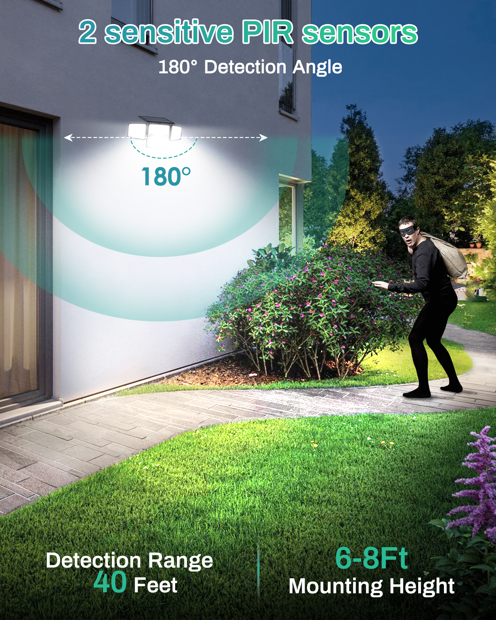HAARAY 3-Head Solar Motion Sensor Flood Light, 2500 Lumens photo 3
