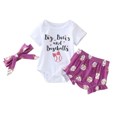 

Girls Outfit Set Short Sleeve Baseball Prints Tops Shorts Romper Bodysuit Headbands Outfits